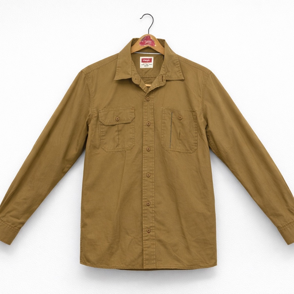 Wrangler Men's Utility Work Shirt M Khaki Button Front Long Sleeve Customized